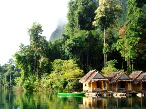 floating bamboo houses. chieow laan, khao sok national park